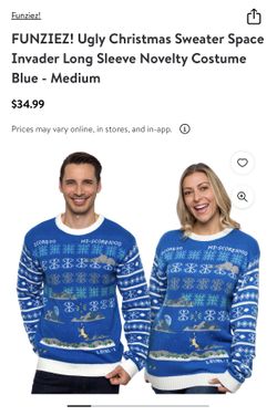 FUNZIEZ! Ugly Christmas Sweater Space Invader Holiday Sweatshirt