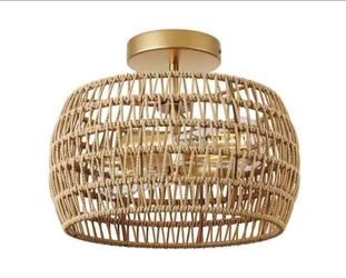 Farmhouse 12.59 in. 2-Light Rattan Hand-Woven Boho Semi-Flush Mount Ceiling Light