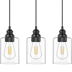 Modern Pendant Light Fixtures 3 Pack, Adjustable Hanging Ceiling Lamp with Seeded Glass Shade