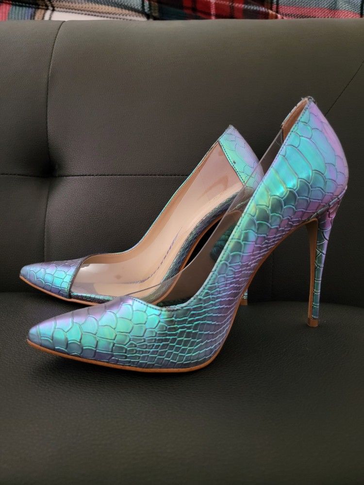 Aldo Mermaid Metallic Embossed Clear Pump Heels