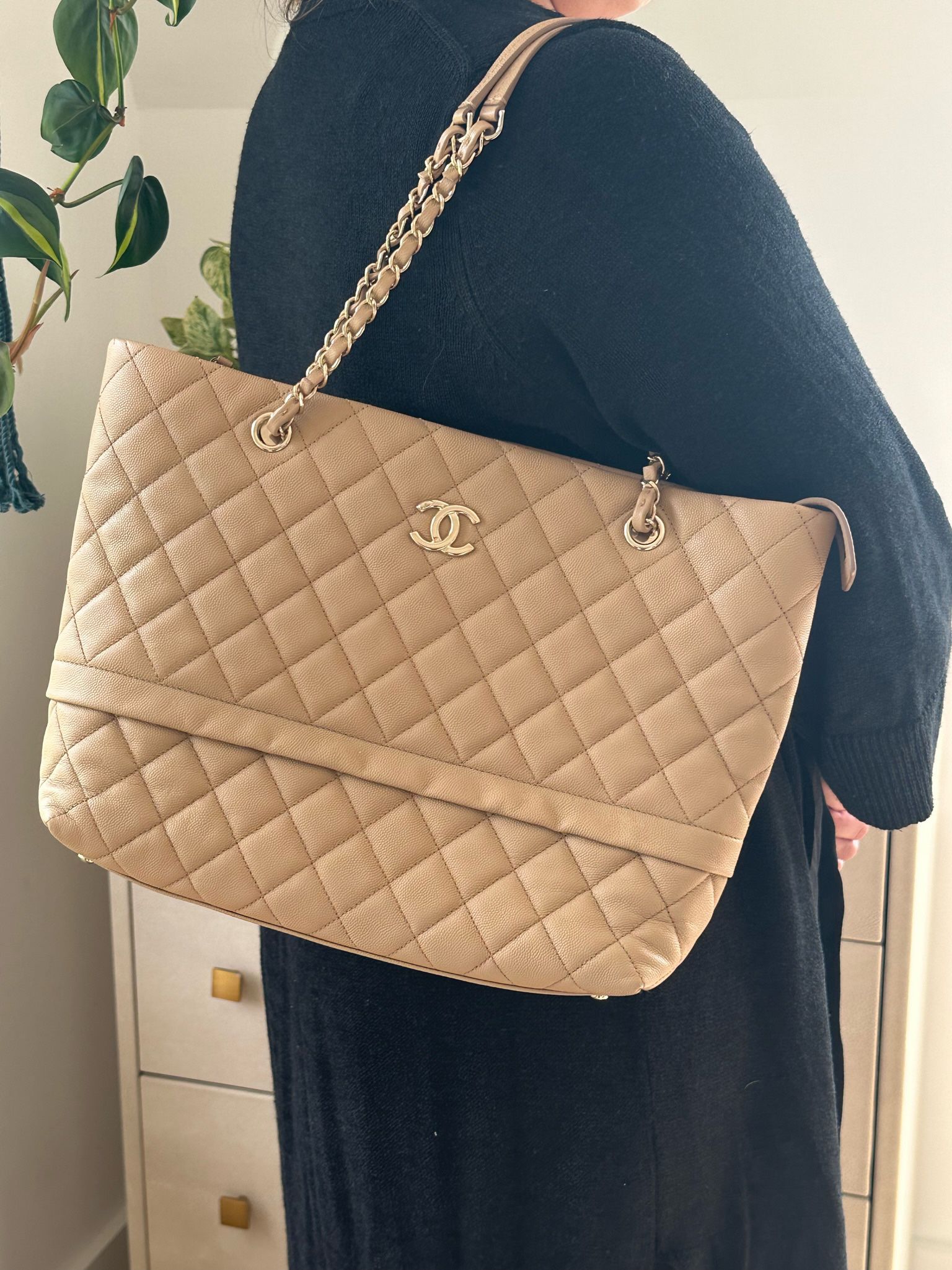 Beige Chanel Quilted Caviar Rolled Up Tote