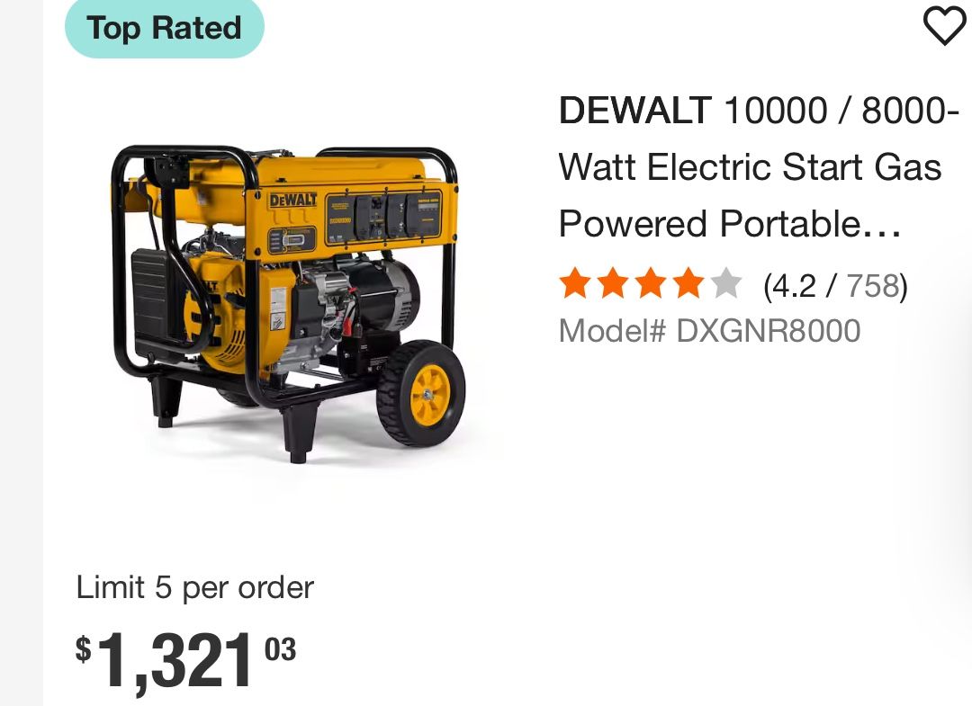 DEWALT 10000 / 8000-Watt Electric Start Gas Powered Portable Generator