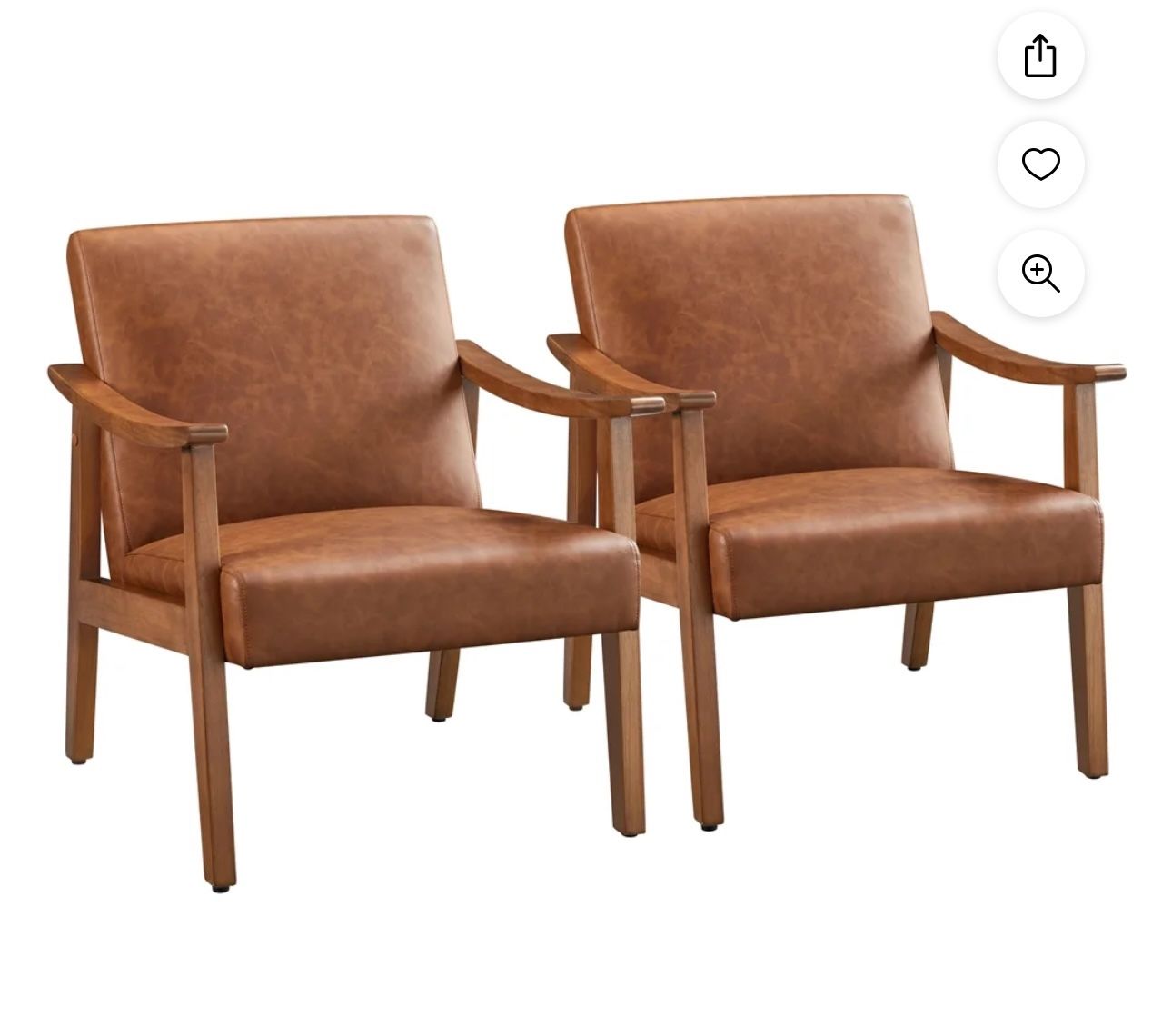 2pcs Mid-Century Upholstered Faux Leather Armchair with Solid Wood Legs,Light Brown