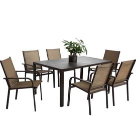Z413-7-Piece Outdoor Patio Dining Set, Rectangular Steel Table with 6 Stackable Textilene Chairs, Weather-Resistant Garden Furniture Set for Backyard,
