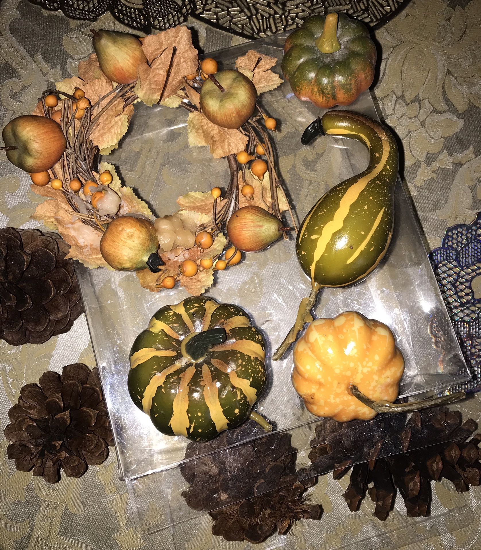 Lifelike mixed pumpkin pine cones and candle wreath 