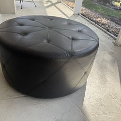Round Brown Leather Ottoman