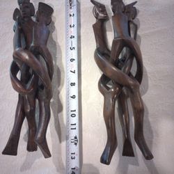 Matching Pair of Vintage African Hand-Carved Wood Unity Sculpture | Three Intertwined Figures