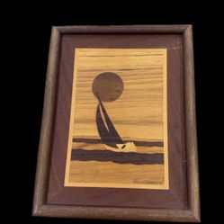 Hudson River Inlay Marquetry Art 15.25" x 12" Sailboat - Signed Jeff Nelson