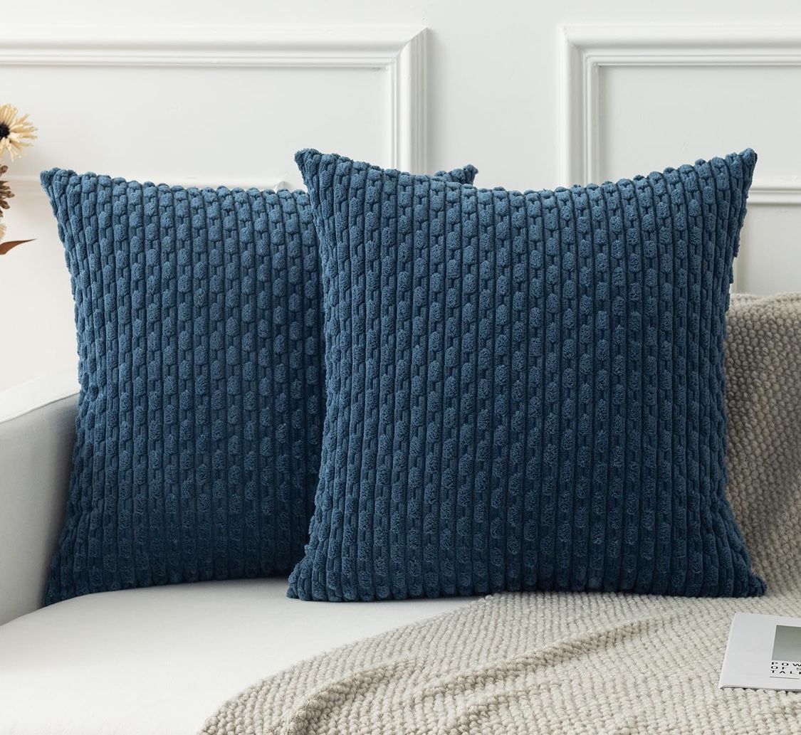 Kevin Textile 2 Packs Blue Decorative Throw Pillow Covers 20x20 Inch for Living Room Couch Bed Sofa Soft Striped Corduroy Square Cushion Case 50x50 cm