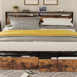 King Bed Frame with Storage Headboard, Platform Bed with Drawers and Charging Station