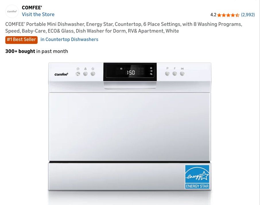 COMFEE PORTABLE DISHWASHER COUNTER TOP, ENERGY STAR, 6 PLACE SETTINGS, 8 WASHING PROGRAMS.