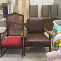 1 wood rocker with red upholstery and mid century chair