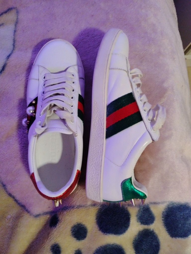 Gucci Ace Studded Pearl White Leather Sneakers Size 37