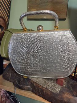 Silver Croc-Embossed Top Handle Handbag