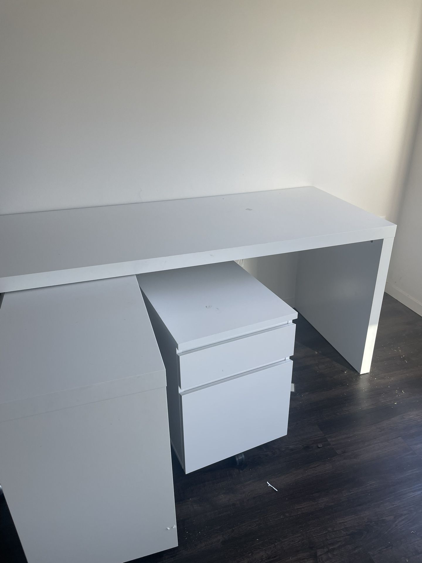 White Desk, Sliding Compartment, Rolling Storage Included