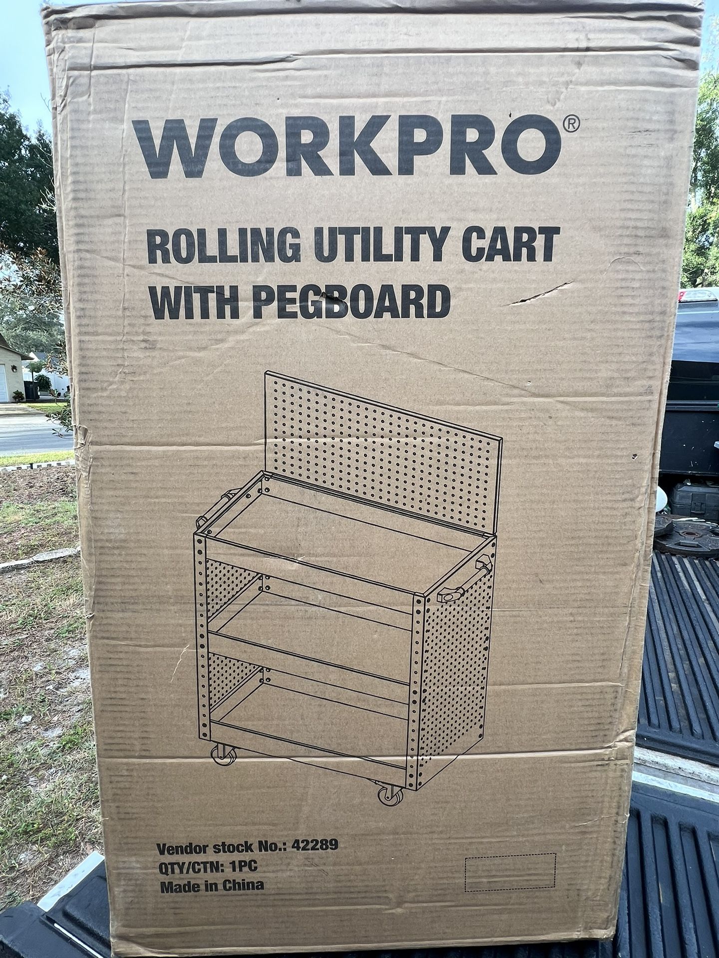 WORKPRO Rolling Service Utility Cart with Steel Pegboard Storage, Tool Cart