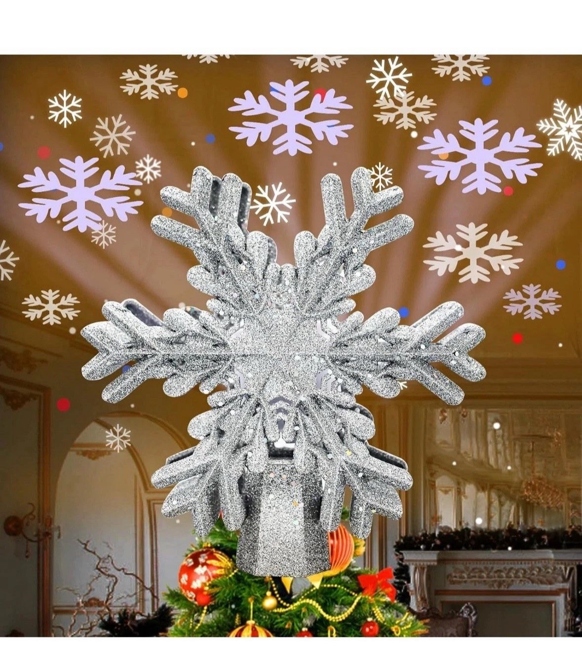 Christmas Tree Topper Star Projector Snowflake 3D Rotating Glitter LED Decor US