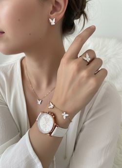 White Butterfly Jewelry Set with Watch, ring, bracelet, necklace and earrings