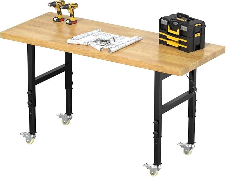 M-60" Solid Wood Work Bench with Wheels, Work Table with Power Outlet, Heavy-Duty Workbench, 3000 LBS Load Capacity Portable Workbench for Garage, Wor