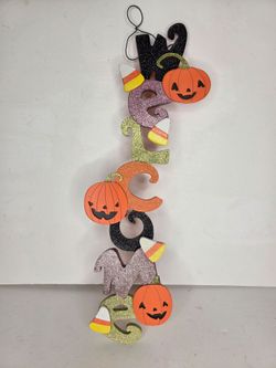 Halloween Welcome Wood Wall Hanging Sign Glitter Pumpkins Candy Corn Decor 22in