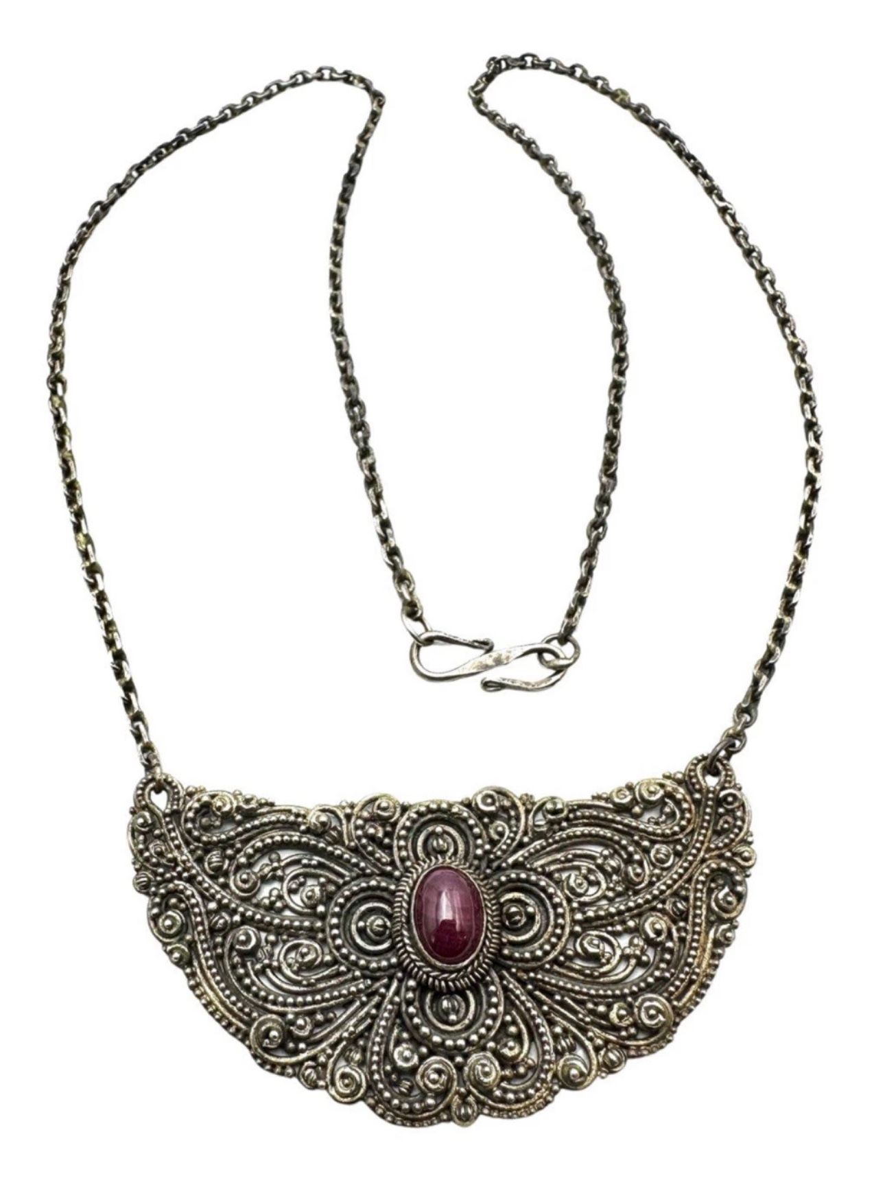 FREE SHIPPING! Red Ruby Cabochon 925 Silver Indonesian Pendant Necklace 15” #481  