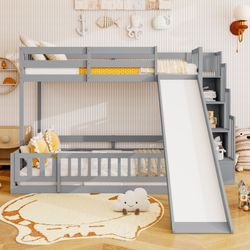 Halden Twin Over Full Bunk Bed with Slide and Storage Staircase
