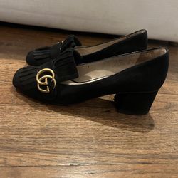 Gucci Black Suede Leather Marmont GG Fringe 55mm Loafer Pumps EU 38.5