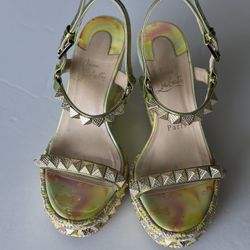 AUTHENTIC CHRISTIAN LOUBOUTIN, GOLD STUDDED SANDALS SIZE 37