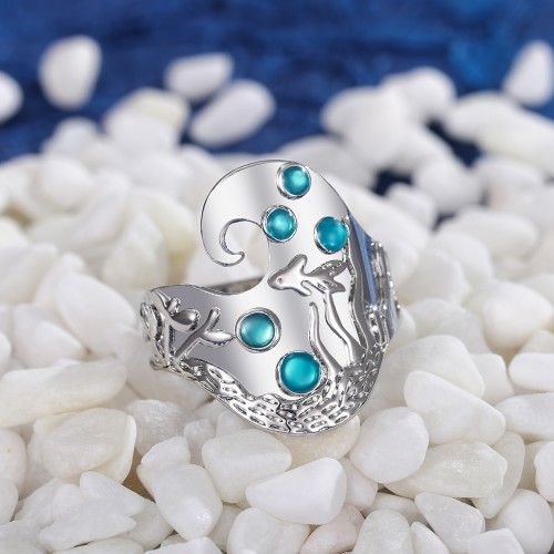 "925 Silver Plated Creative Vintage Fish Pattern Round Sea Blue Gemstone CZ Rings, UNI22401
 
