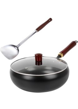 New Japanese Iron Pan, 11.02 Inch Uncoated Thick Iron Pot Hand-Forged Non-Stick Flat Bottom Pan with Glass Lid and Shovel for Induction, Electric, Gas