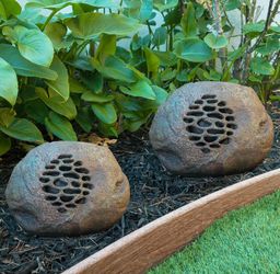 Alpine Corporation 9" Tall Solar Bluetooth Rock Speaker, Weather-Resistant High Fidelity Outdoor Audio System with 50 Foot Range, Brown, Set of 2