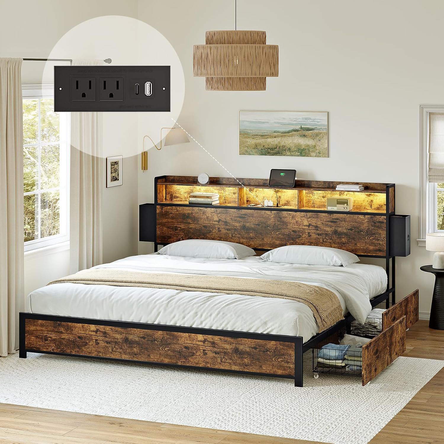 HB067 King Bed Frame with 2-Tier Storage Headboard and 4 Drawers LED Lights Brown