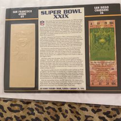 1995 Commemorative Super Bowl XXIX  card with 24 Carat Gold Ticket and Ticket Copy San Francisco Vs San Diego Miami 01-29-95