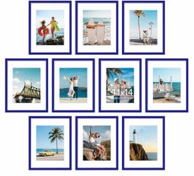 decorUhome 10 Pack 11x14 Picture Frame Collage Wall Decor with 8x10 Mat Blue Plastic 11x14 Photo Frames with High Definition Plexiglass for Wall Mount