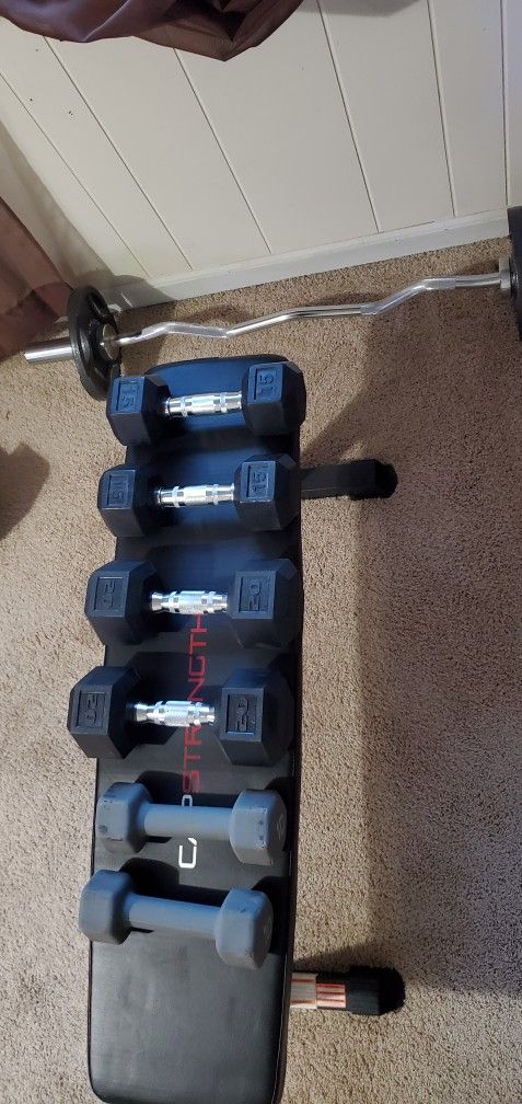 Dumbbells, Bench, Curl Bar, Step