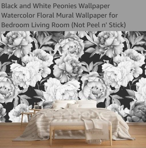 Black and White Peonies Wallpaper Watercolor Floral Mural Wallpaper for Bedroom Living Room (Not Peel n' Stick)
