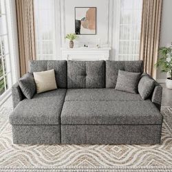 Sleeper Sofa Couch, Sectional Sofa Bed, Dark Grey 2 in 1 Pull Out Couch with Double Storage Chaise, Sectional Sleeper Sofa Bed with Side Pocket for Li