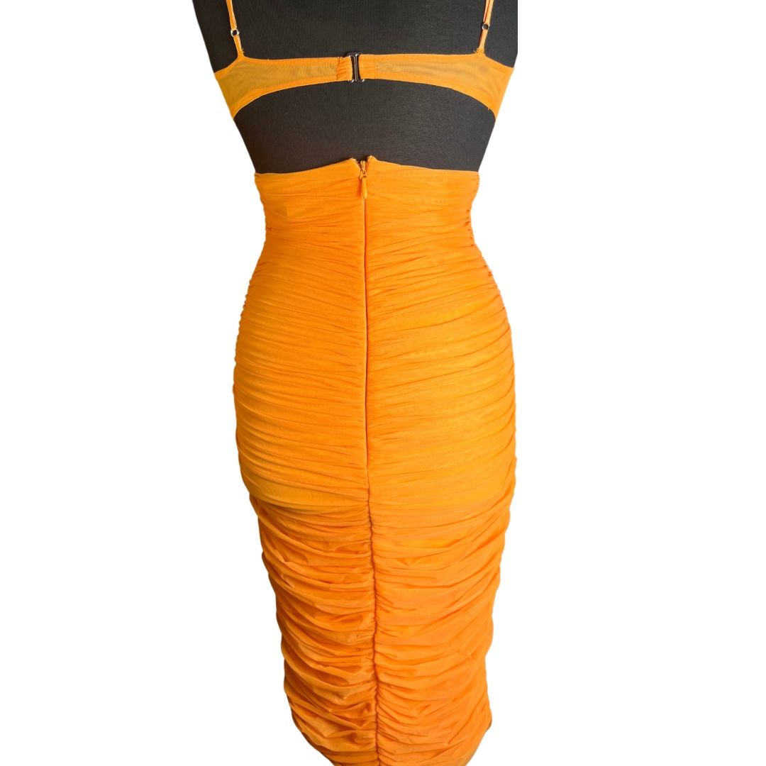 NWOT HOUSE OF CB 'Tibi' Tangerine Cutout Ruched Midi Dress /Size M *24