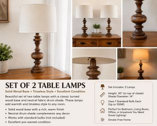 Set of 2  Table Lamps, Wood Base, Neutral Shades