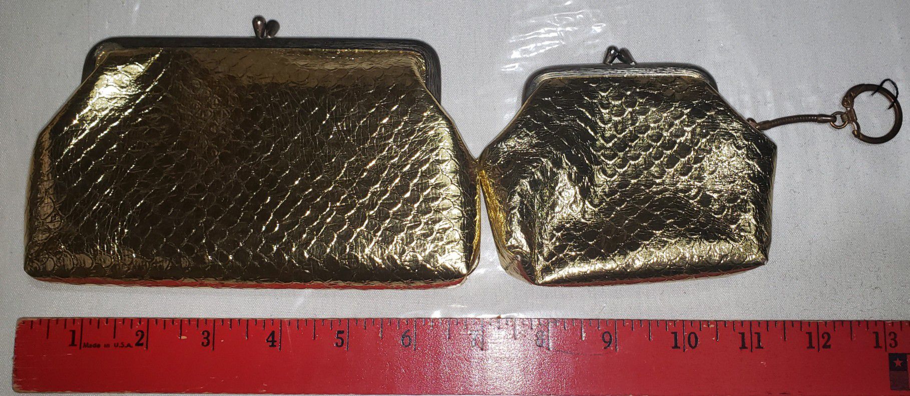 SET of 2 Vintage gold snake clutch with kissing clasp & matching coin purse with key ring 