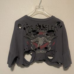 Fashion Nova,  Women’s Charcoal  Distressed CA Choppers Graphic Crop Top, Size L