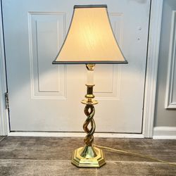 Vintage Mid Century Brass Double Helix 3-Way Table Lamp w/ Vintage Cream & White Fabric Shade