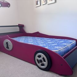 Race Car Twin Bed Set + Mattress + Dresser + Bookcase + Nightstand – Complete Kids Room