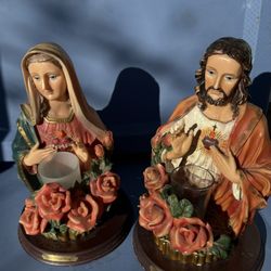 Set Of Jesus Christ & Mary Religions Tea Light Holder Big Statues