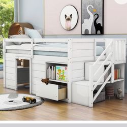  Twin Size Wood Loft Bed with Drawer and Staircase
