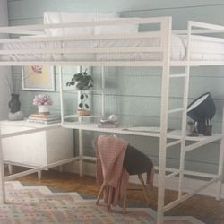 White Full Size Loft Bed with Desk & Shelves 