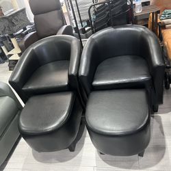 Set Of 2 Accent Chair with Ottoman Foot Rest, PU Leather Mid Century Modern Upholstered Soft Barrel Chair Comfy Armchair and Footrest Set