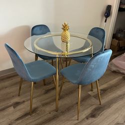 Blue Velvet Gold Round Dining Table Set For 4