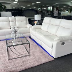 White Sofa & Loveseat Gel Leather Brand New W/ LED Lights For Sale ( Furniture Blowout)
