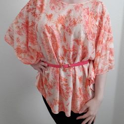 Poncho Batwing Floral Coral Belted Pink Shirt Top Blouse